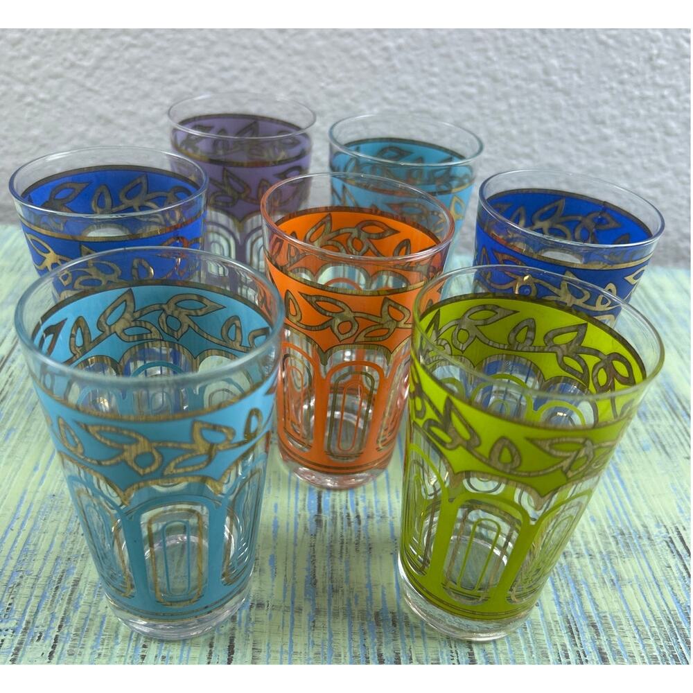 Set 7 Moroccan Tea Shot Glasses Multicolored Hand-Painted Gold Filigree